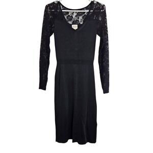 Reiss‎ Bodycon Dress Women's Size 2 Fitted Sheath Floral Lace Sleeve Black LBD